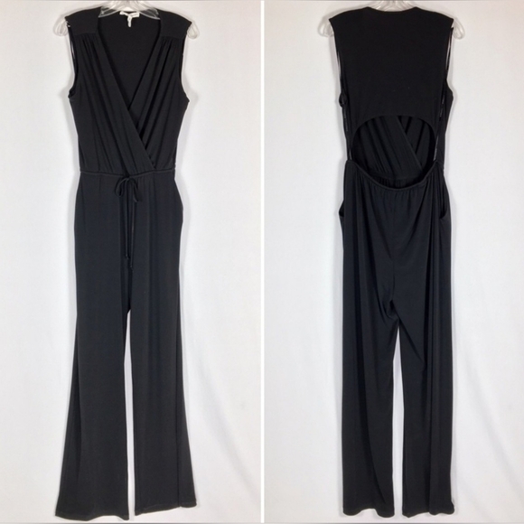 BCBG Generation Surplice Flowy Jersey Jumpsuit Open Back Waist Tie Black Size S - Picture 2 of 16